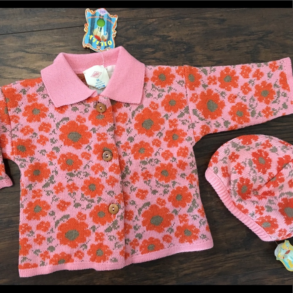 Oilily Pink Floral Cardigan with Hat - 68/ 9months